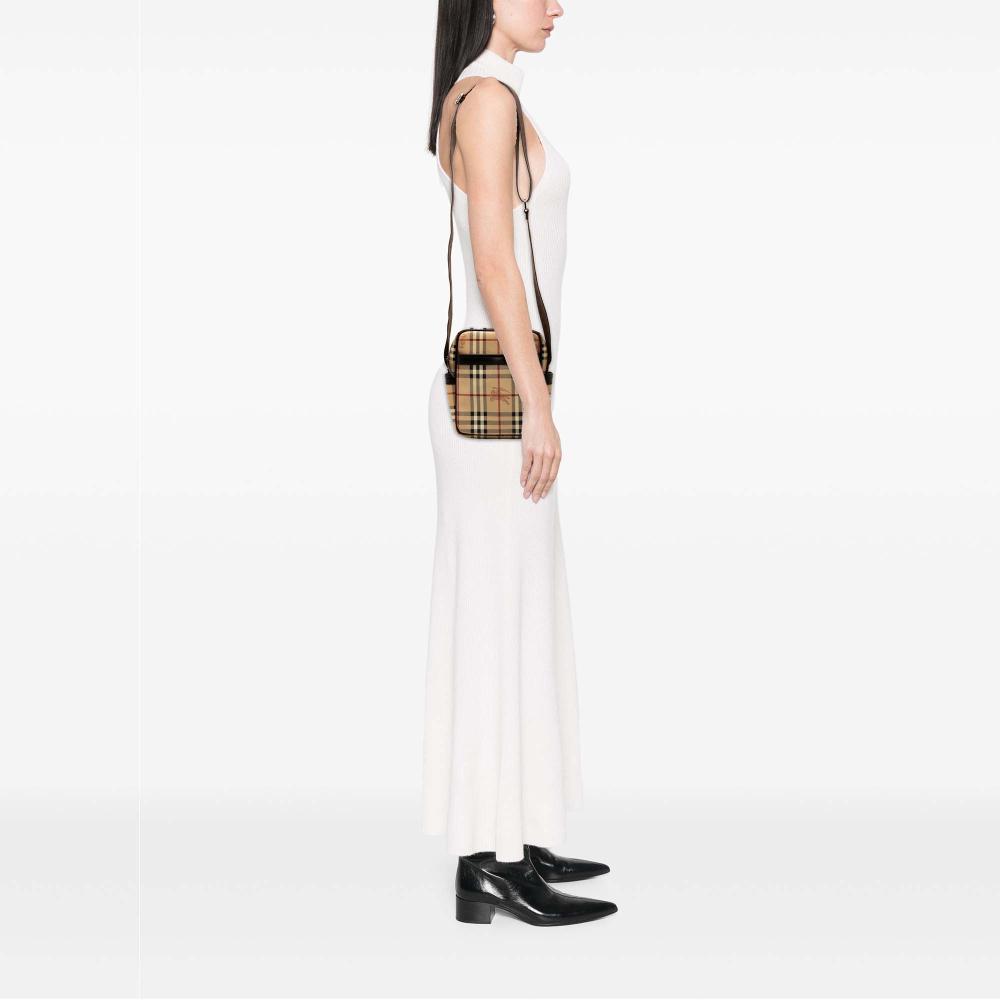 Burberry B Burberry Brown Beige Coated Canvas Fabric Haymarket Check Crossbody Italy