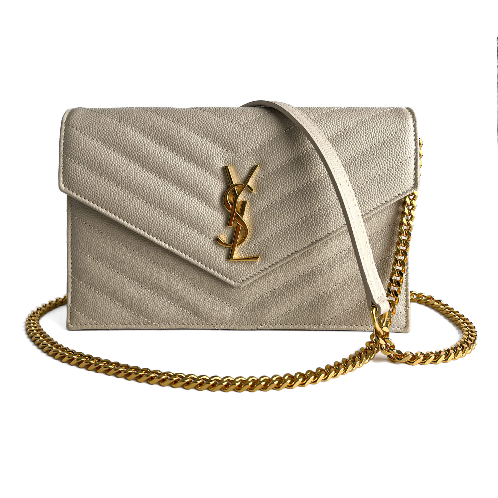Saint Laurent Cassandra Grained Leather Wallet on Chain Crossbody Off-White
