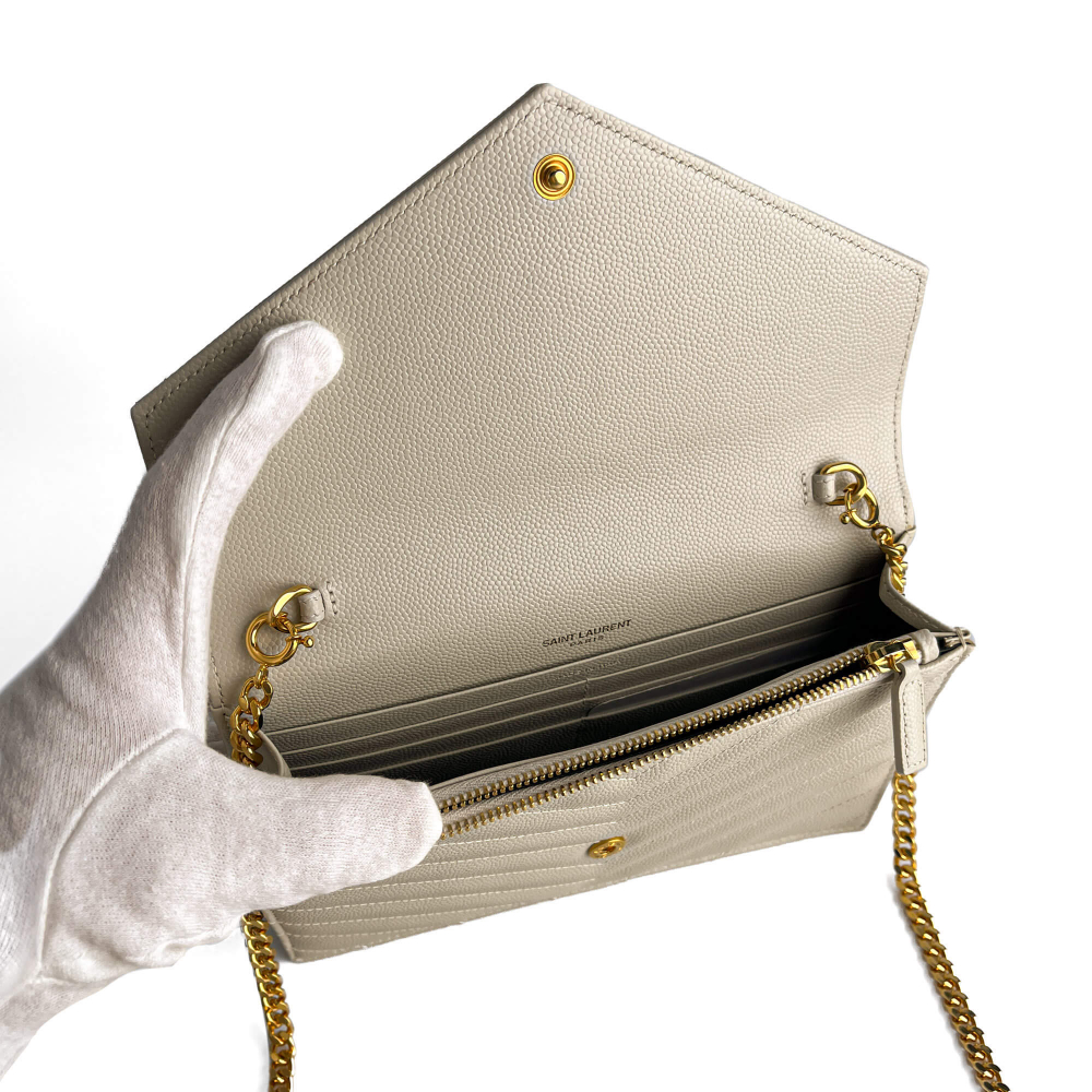 Saint Laurent Cassandra Grained Leather Wallet on Chain Crossbody Off-White