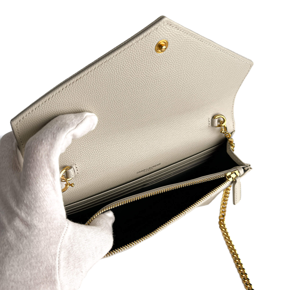 Saint Laurent Cassandra Grained Leather Wallet on Chain Crossbody Off-White
