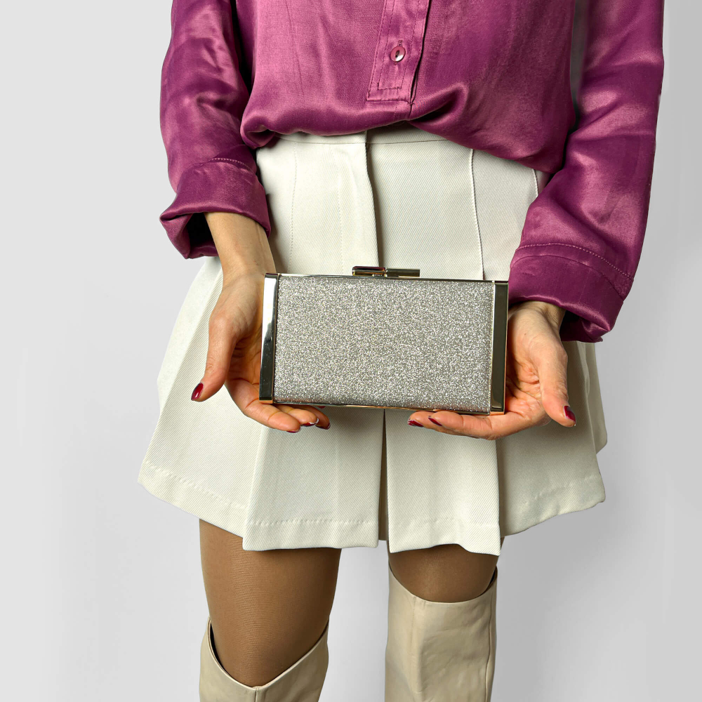 Jimmy Choo J Box Dusty Glitter Texture Metal Clutch Ice