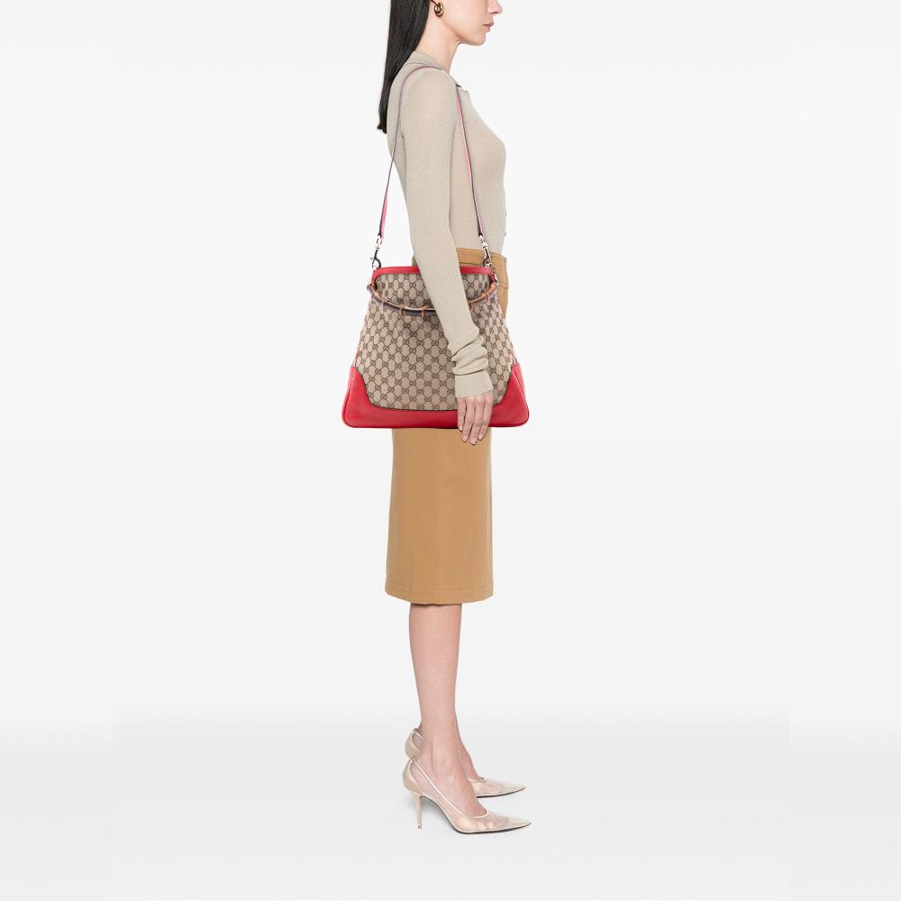 Gucci AB Gucci Brown Beige Canvas Fabric GG Bamboo Diana Satchel Italy