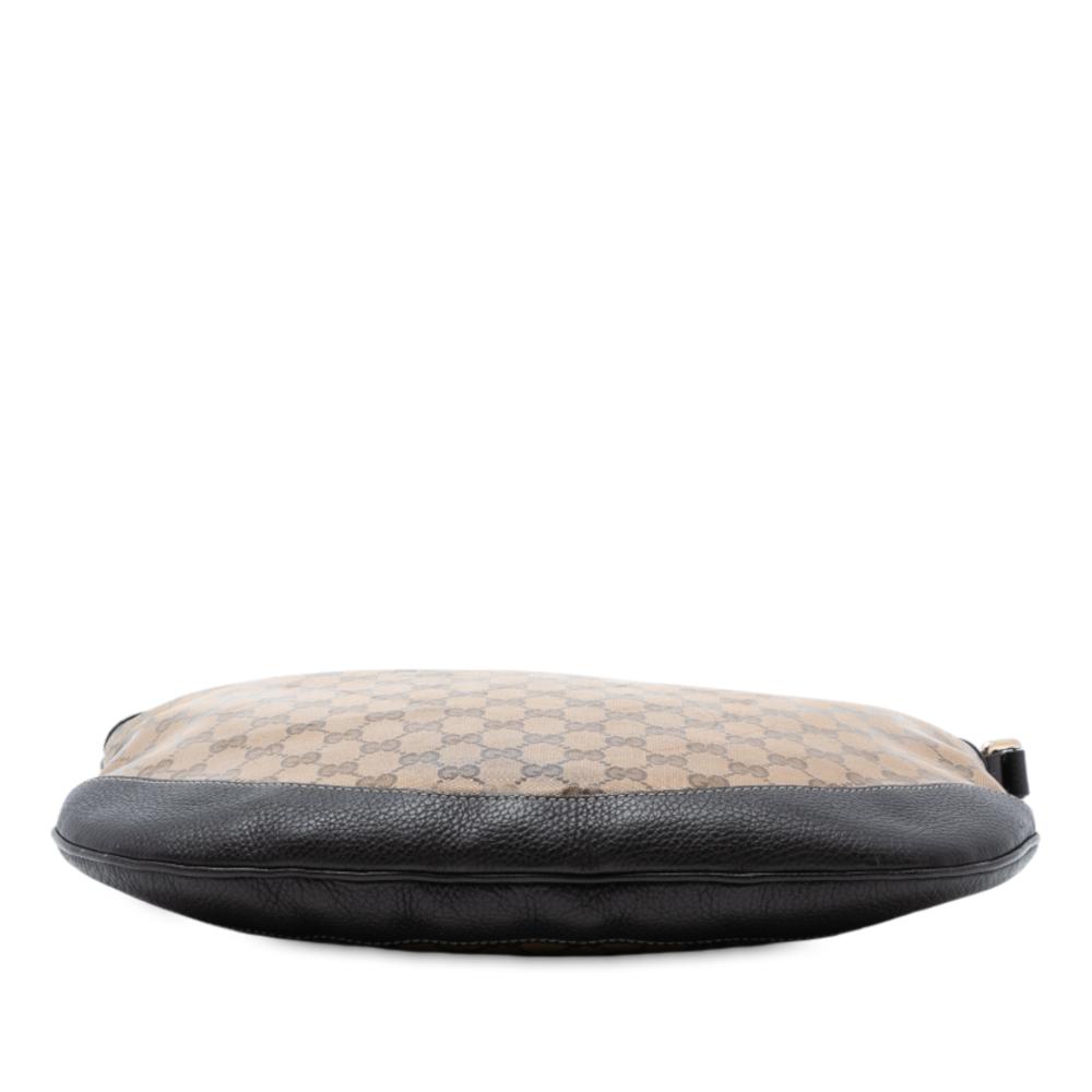 Gucci B Gucci Brown Coated Canvas Fabric Large GG Crystal Half Moon Crossbody Italy