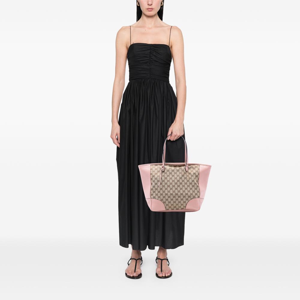 Gucci B Gucci Brown Beige with Pink Canvas Fabric GG Bree Zippered Tote Italy