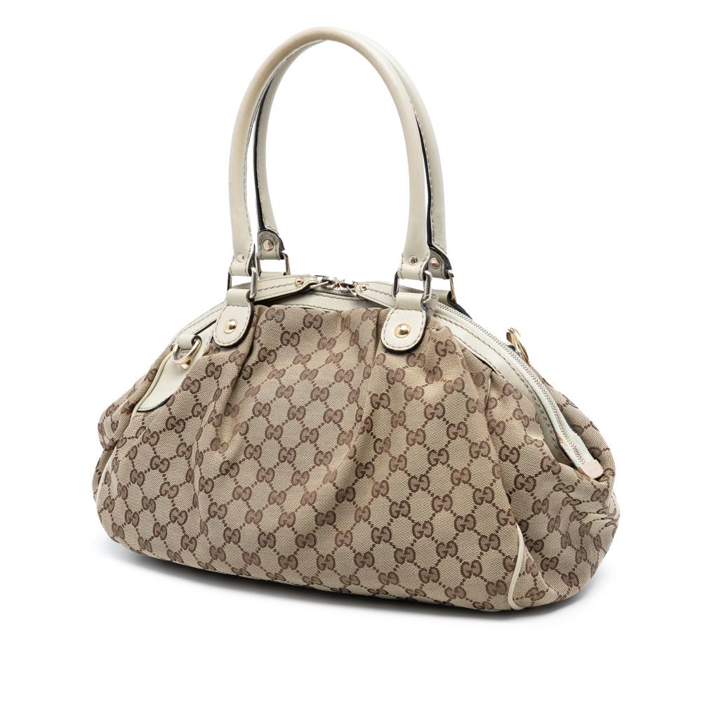 Gucci B Gucci Brown Beige Canvas Fabric GG Sukey Satchel Italy