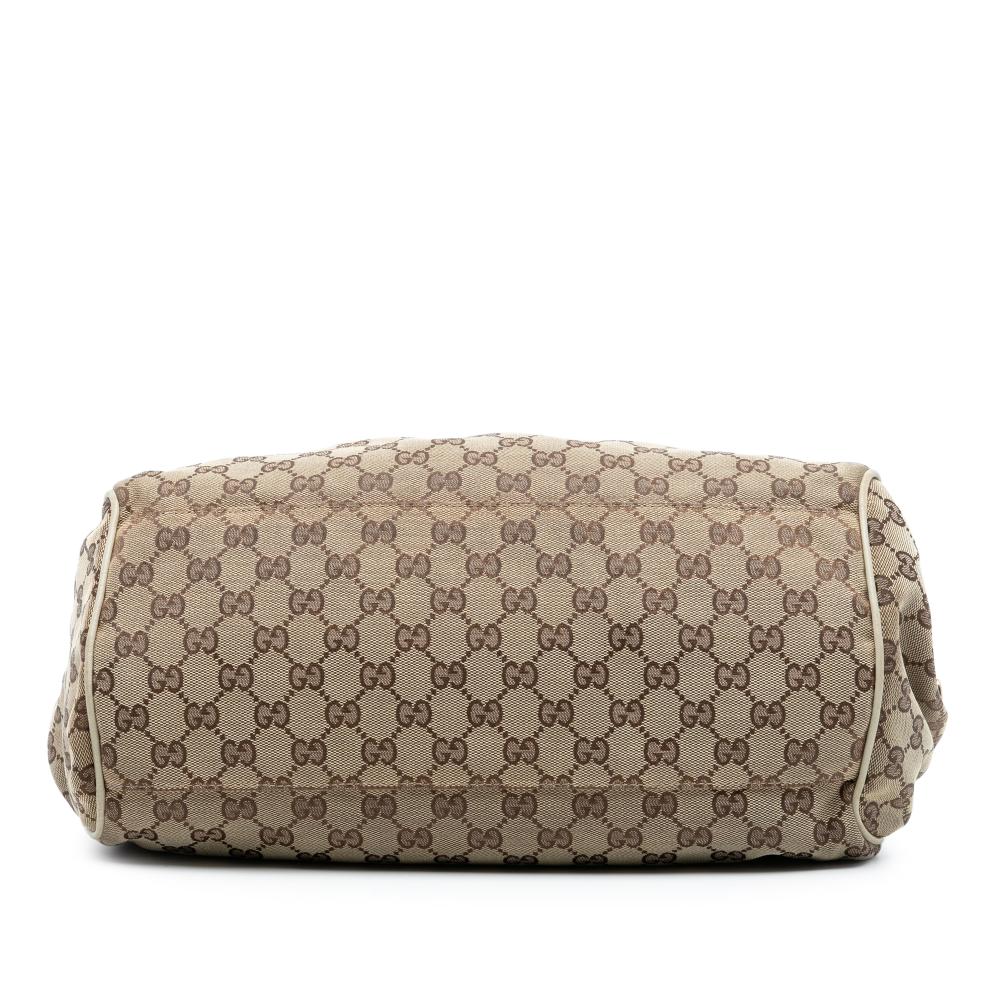 Gucci B Gucci Brown Beige Canvas Fabric GG Sukey Satchel Italy