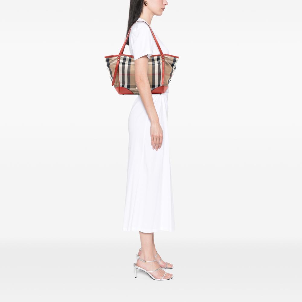Burberry B Burberry Brown Light Brown with Orange Canvas Fabric Small House Check Canterbury Tote Italy