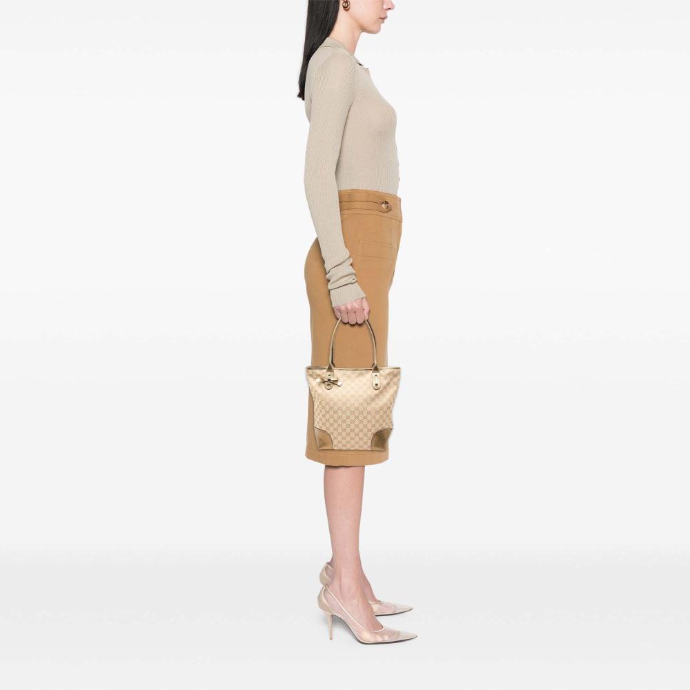 Gucci B Gucci Brown Beige with Gold Canvas Fabric GG Princy Tote Italy
