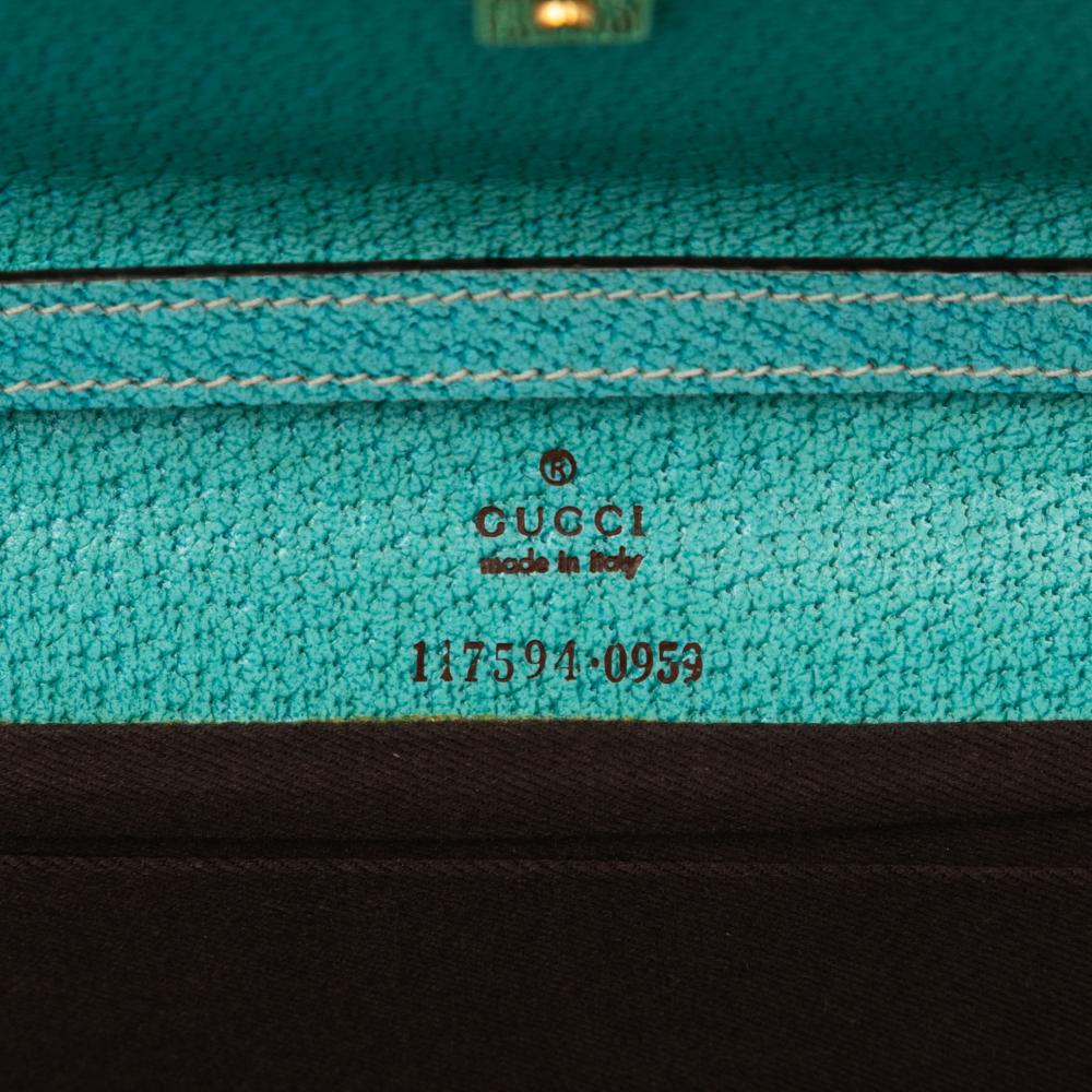 Gucci B Gucci Brown Beige with Blue Turquoise Canvas Fabric GG Bamboo Bar Crossbody Italy