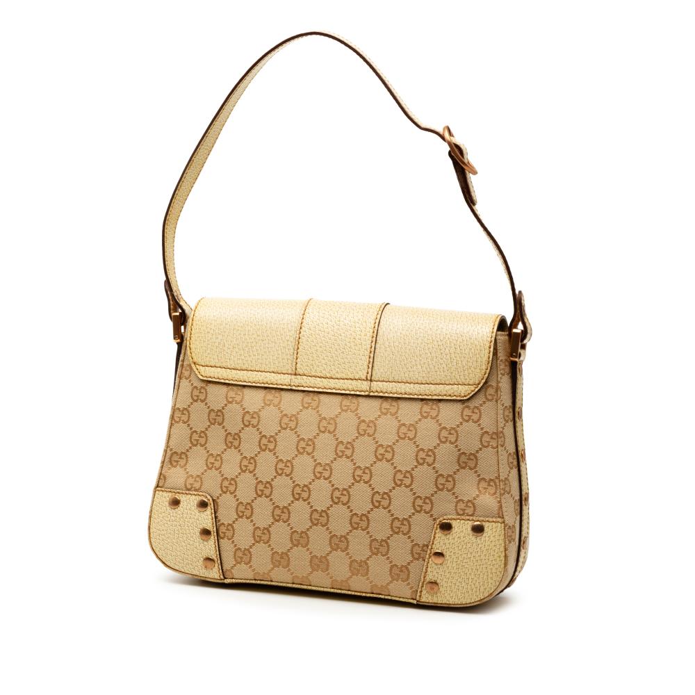 Gucci B Gucci Brown Beige Canvas Fabric GG Turnlock Shoulder Bag Italy