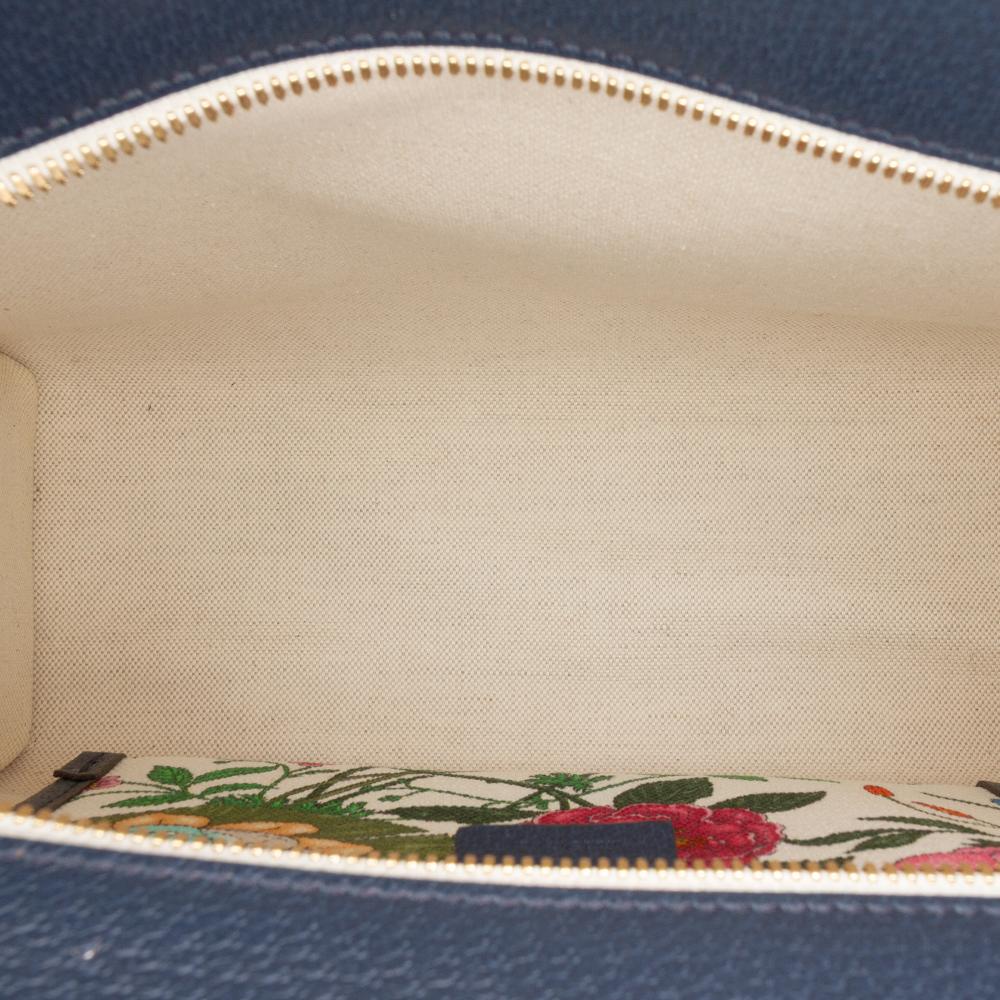 Gucci AB Gucci White with Blue Navy Canvas Fabric Medium Flora Satchel Italy