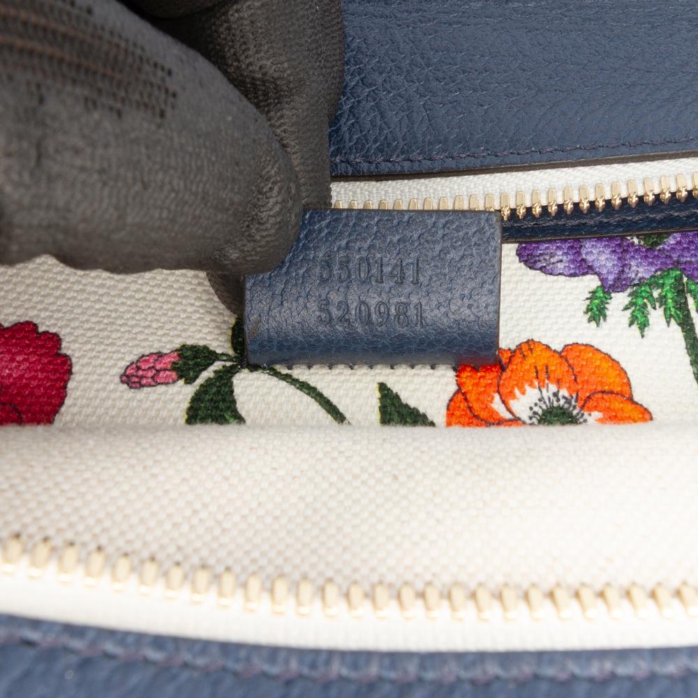 Gucci AB Gucci White with Blue Navy Canvas Fabric Medium Flora Satchel Italy