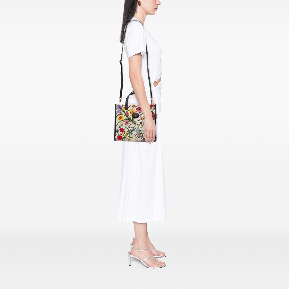 Gucci AB Gucci White with Blue Navy Canvas Fabric Medium Flora Satchel Italy