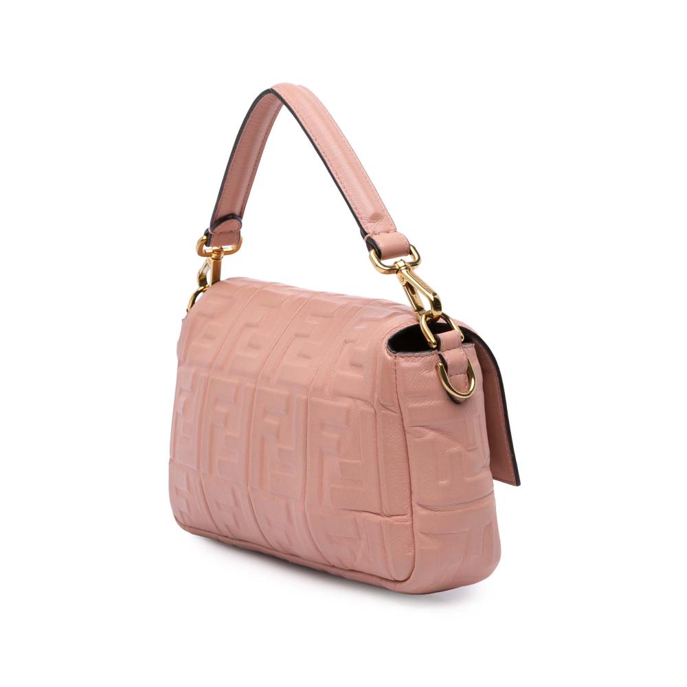 Fendi B Fendi Pink Salmon Calf Leather Medium Embossed FF Baguette Satchel Italy