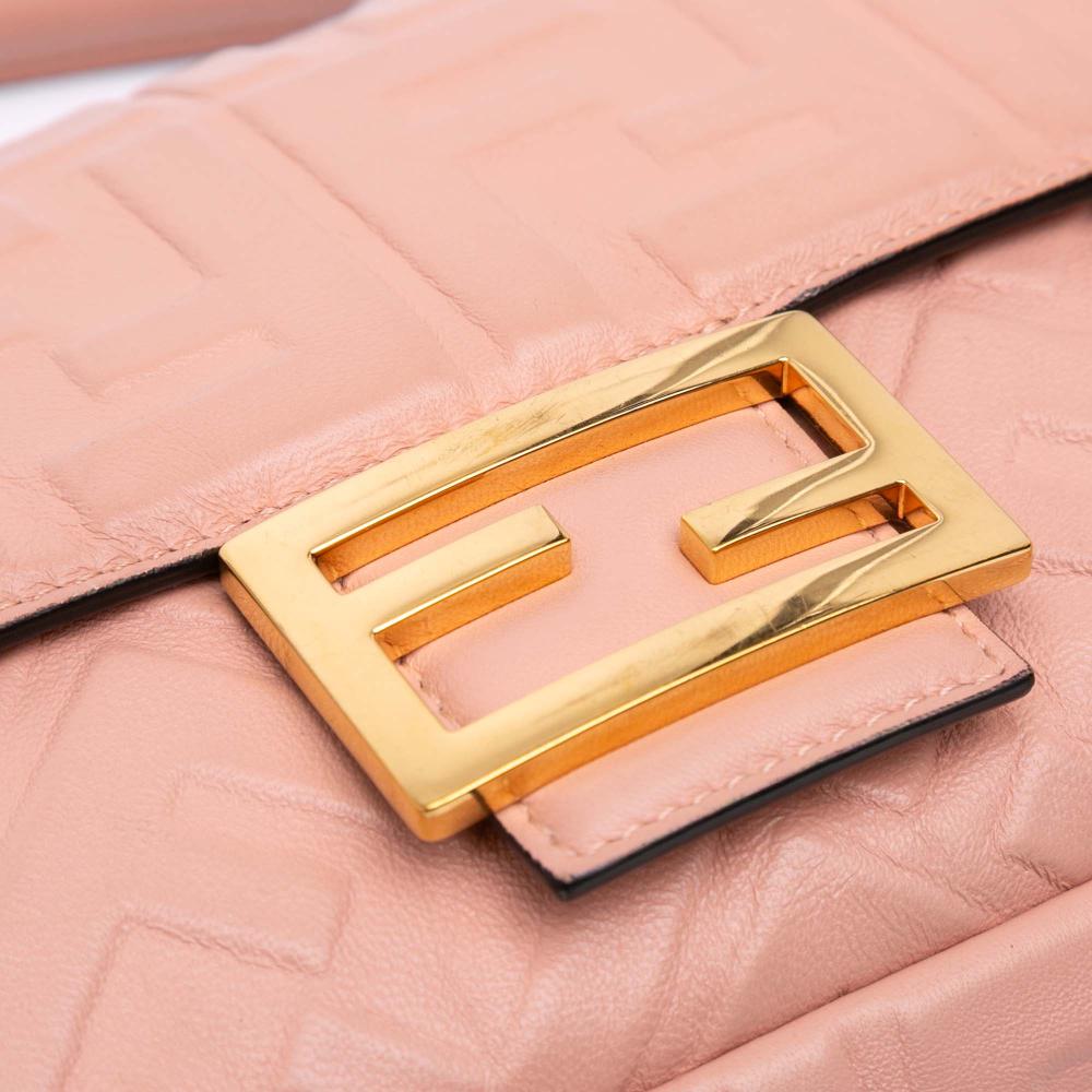Fendi B Fendi Pink Salmon Calf Leather Medium Embossed FF Baguette Satchel Italy