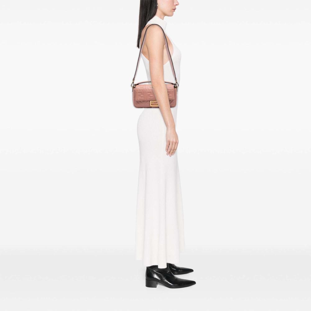 Fendi B Fendi Pink Salmon Calf Leather Medium Embossed FF Baguette Satchel Italy