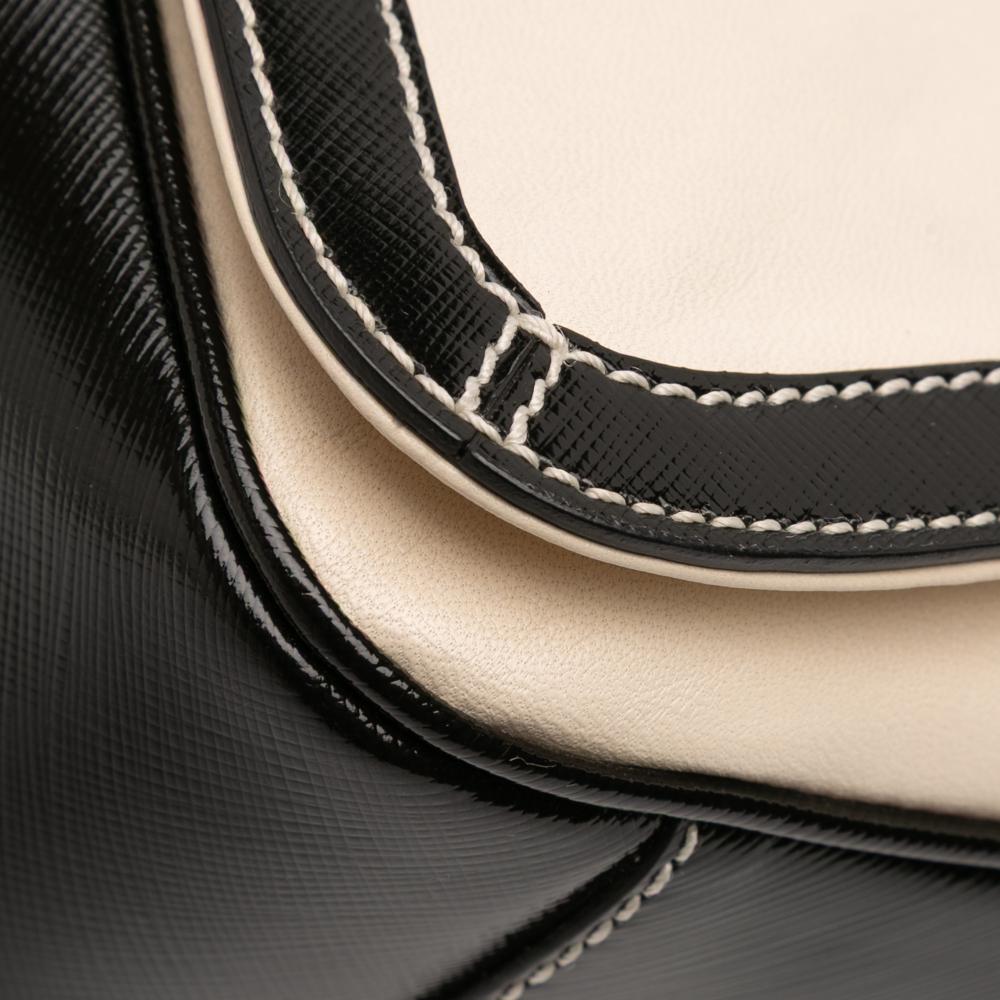 Ferragamo B Ferragamo White Ivory with Black Calf Leather Double Gancini Shoulder Bag Italy