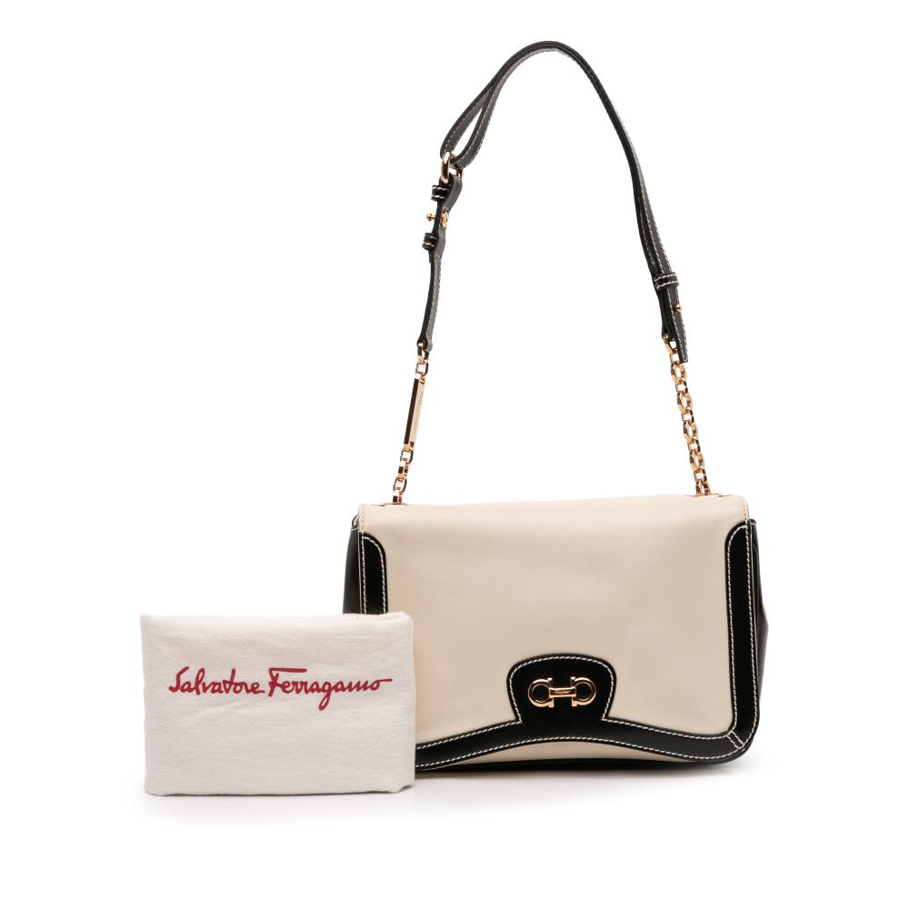 Ferragamo B Ferragamo White Ivory with Black Calf Leather Double Gancini Shoulder Bag Italy