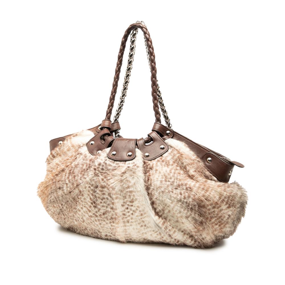 Ferragamo B Ferragamo Brown Polyester Fabric Faux Fur Gancini Shoulder Bag Italy