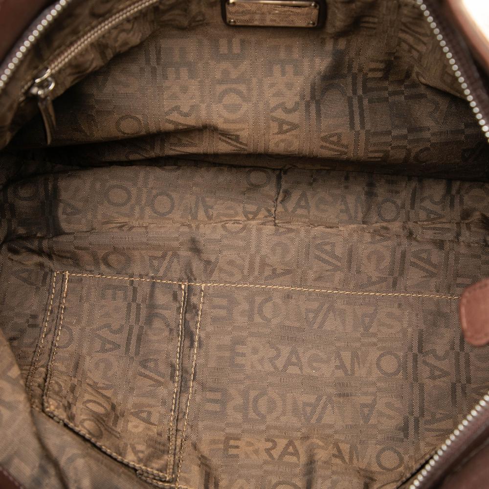 Ferragamo B Ferragamo Brown Polyester Fabric Faux Fur Gancini Shoulder Bag Italy