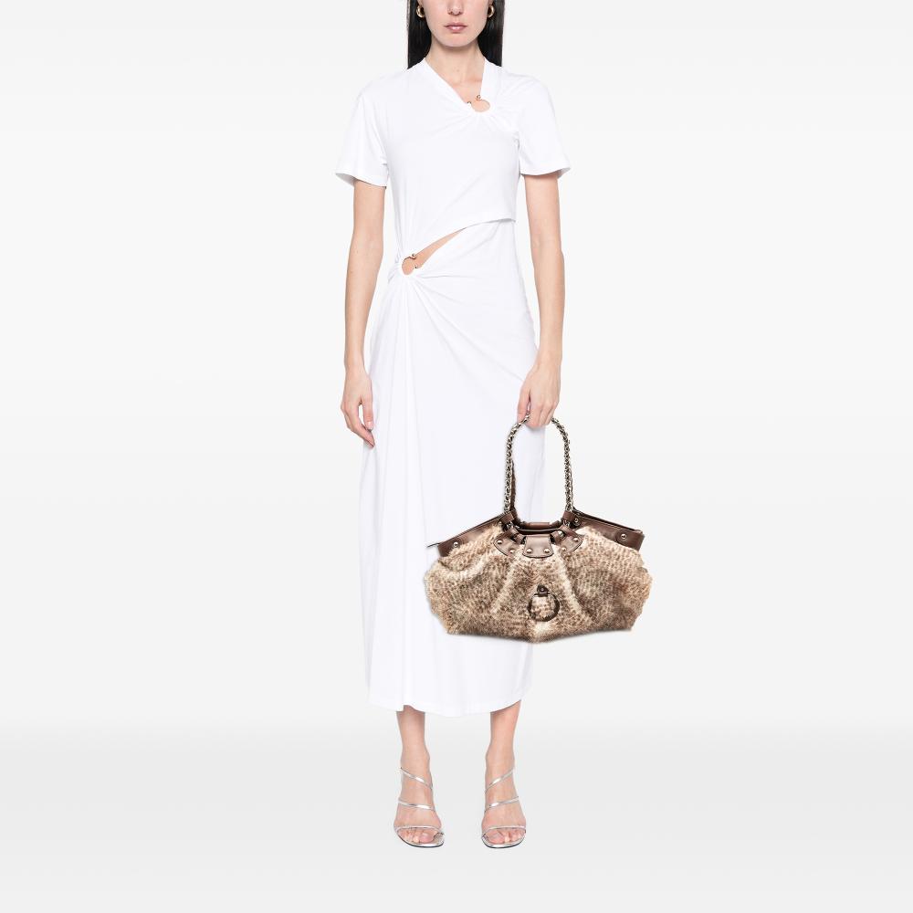 Ferragamo B Ferragamo Brown Polyester Fabric Faux Fur Gancini Shoulder Bag Italy