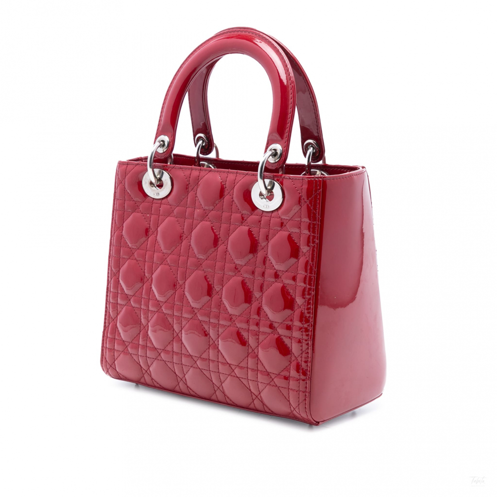 Christian Dior Lady Dior Medium Patent Leather Zip Cannage Tote Handbag Red