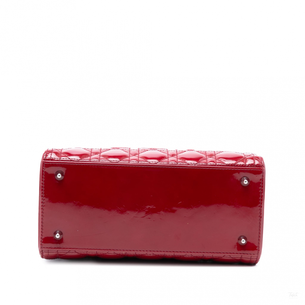 Christian Dior Lady Dior Medium Patent Leather Zip Cannage Tote Handbag Red