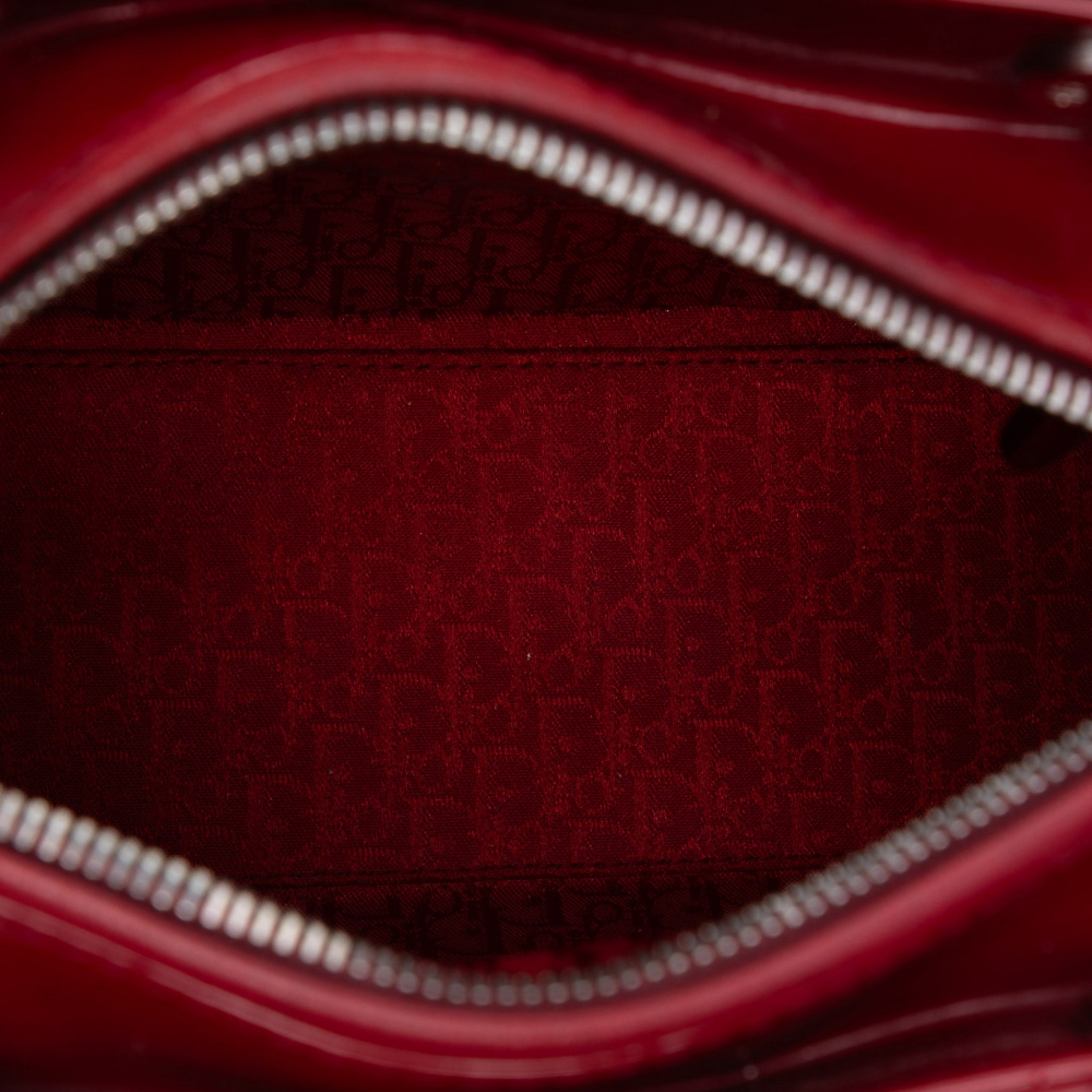 Christian Dior Lady Dior Medium Patent Leather Zip Cannage Tote Handbag Red