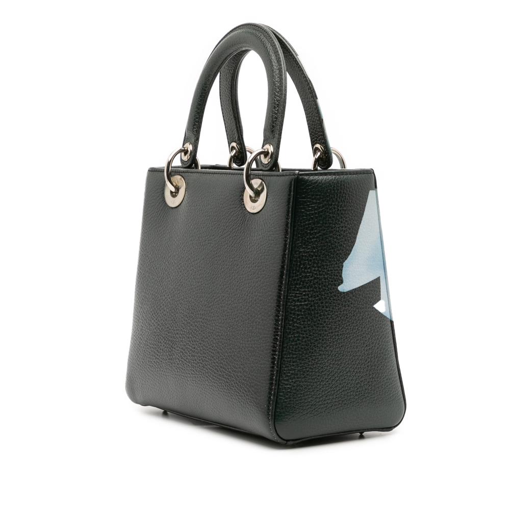 Christian Dior B Dior Green Dark Green with Blue Goatskin Leather Medium Deerskin Floral Print Lady Dior Italy