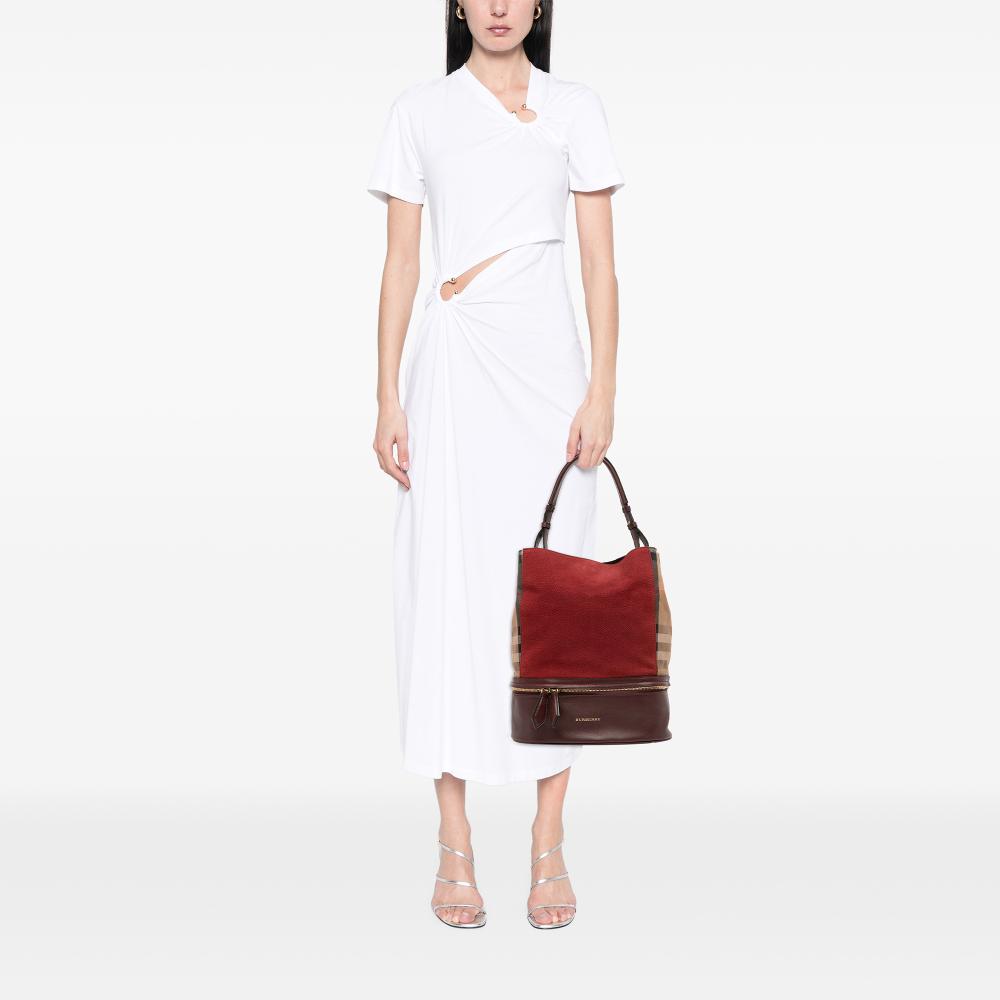 Burberry B Burberry Red Nubuck Leather Leather Nubuck and House Check Canvas Beckett Bucket Bag Italy