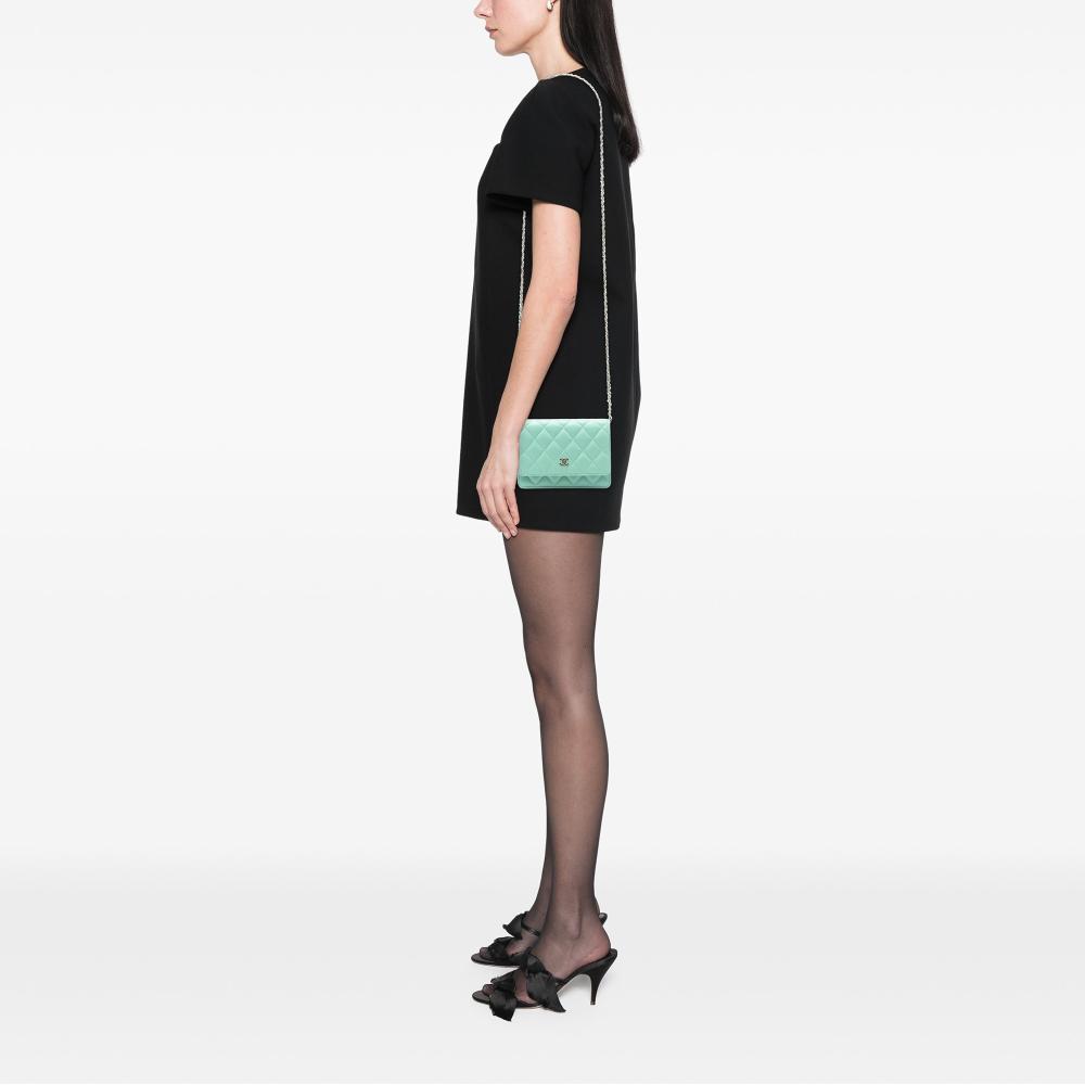 Chanel B Chanel Green Light Green Lambskin Leather Leather Mini CC Quilted Lambskin Wallet On Chain Italy