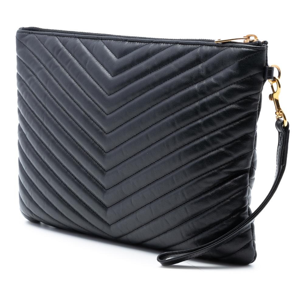 Saint Laurent AB Saint Laurent Black Calf Leather Quilted Chevron Monogram Document Holder Italy