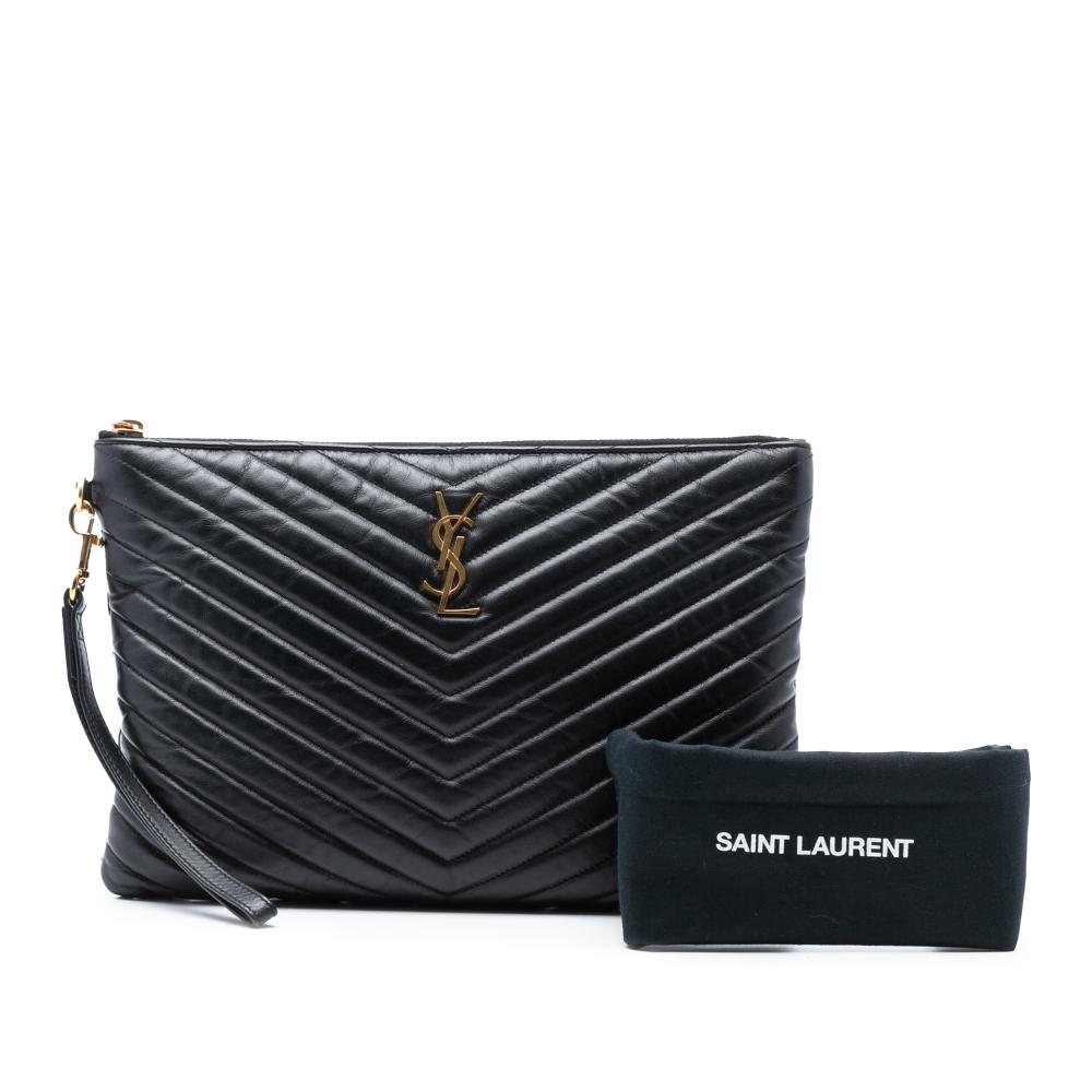 Saint Laurent AB Saint Laurent Black Calf Leather Quilted Chevron Monogram Document Holder Italy