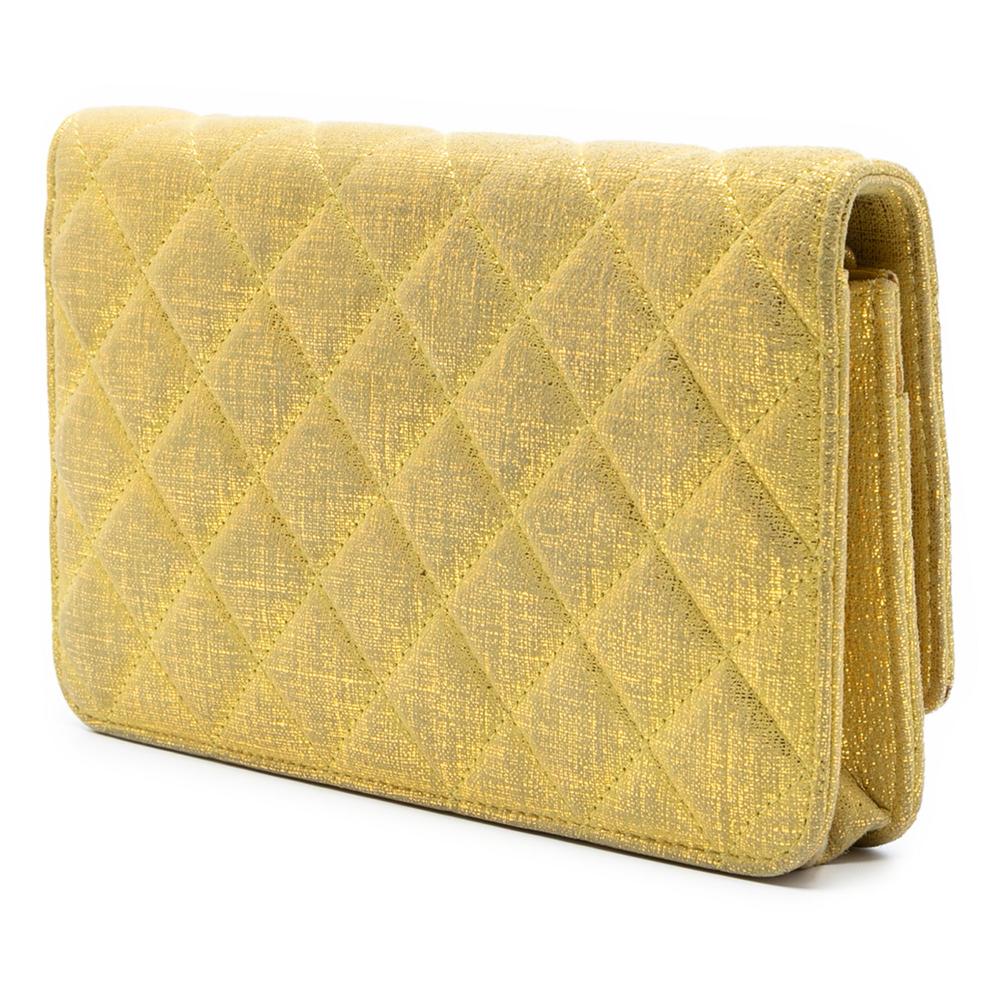 Chanel AB Chanel Yellow Polyester Fabric CC Quilted Metallic Wallet On Chain Italy