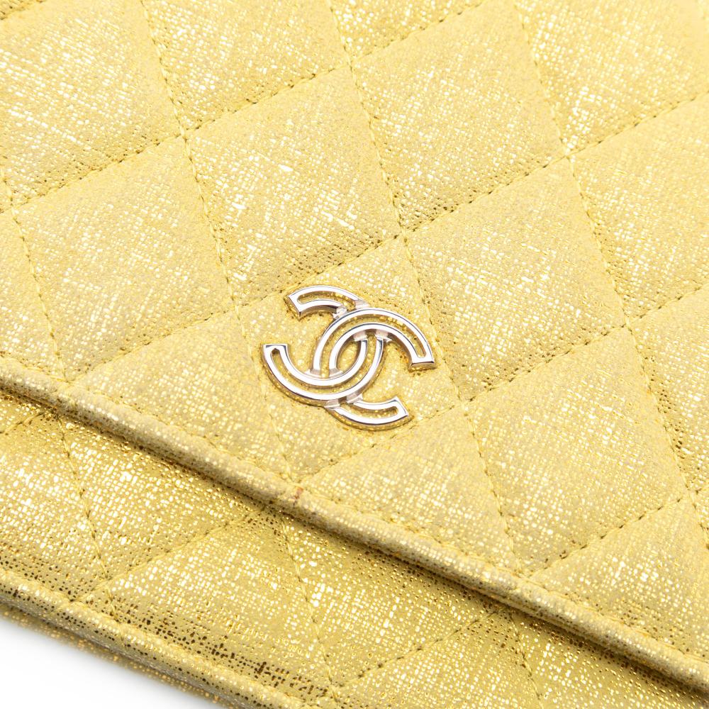 Chanel AB Chanel Yellow Polyester Fabric CC Quilted Metallic Wallet On Chain Italy