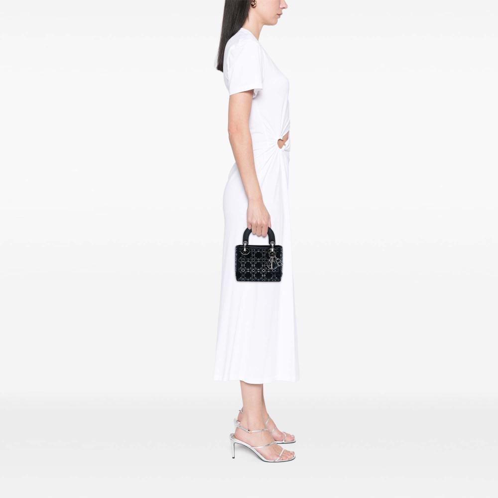 Christian Dior AB Dior Black Satin Fabric Mini Cannage Strass Crystal Embellished Lady Dior Italy