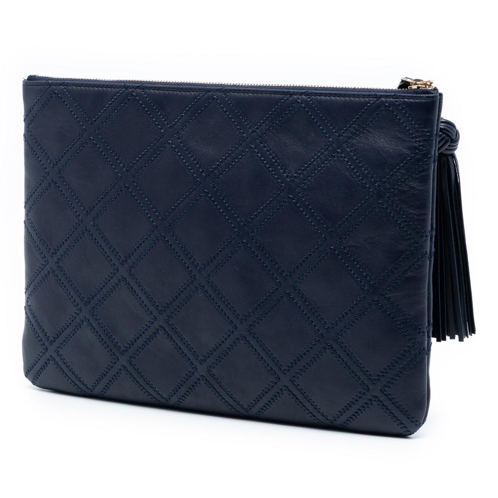 Chanel Blue Medium Quilted Lambskin Double Stitch Tassel O Case Clutch Italy