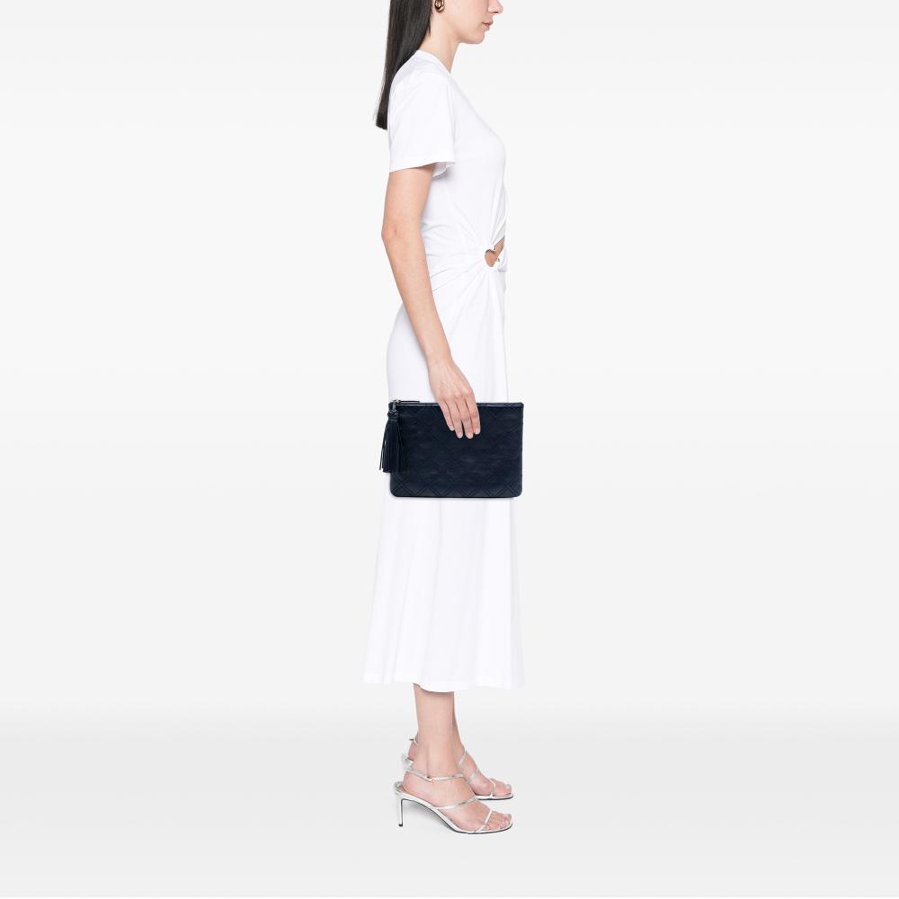 Chanel Blue Medium Quilted Lambskin Double Stitch Tassel O Case Clutch Italy