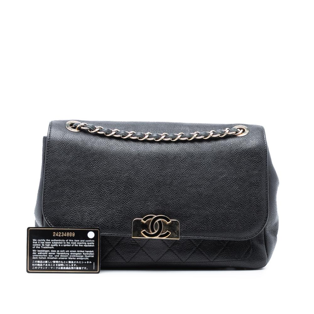 Chanel AB Chanel Black Caviar Leather Leather Quilted Caviar CC Plate Flap Pocket Shoulder Bag Italy
