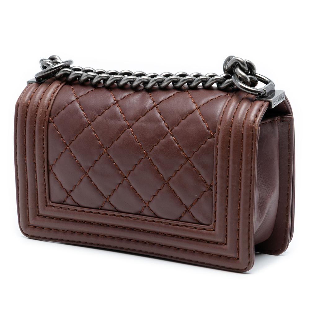 Chanel Brown Dark Brown Lambskin Leather Leather Small Quilted Lambskin Wild Stitch Boy Flap France