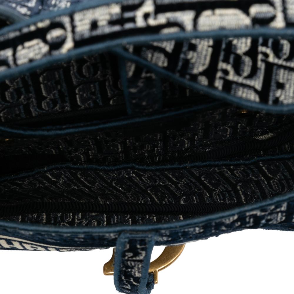 Christian Dior B Dior Blue Navy Velvet Fabric Oblique Embroidered Saddle Bag Italy