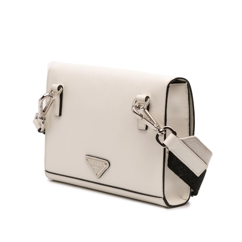Prada AB Prada White Saffiano Leather Triangle Embossed Logo Flap Crossbody Italy