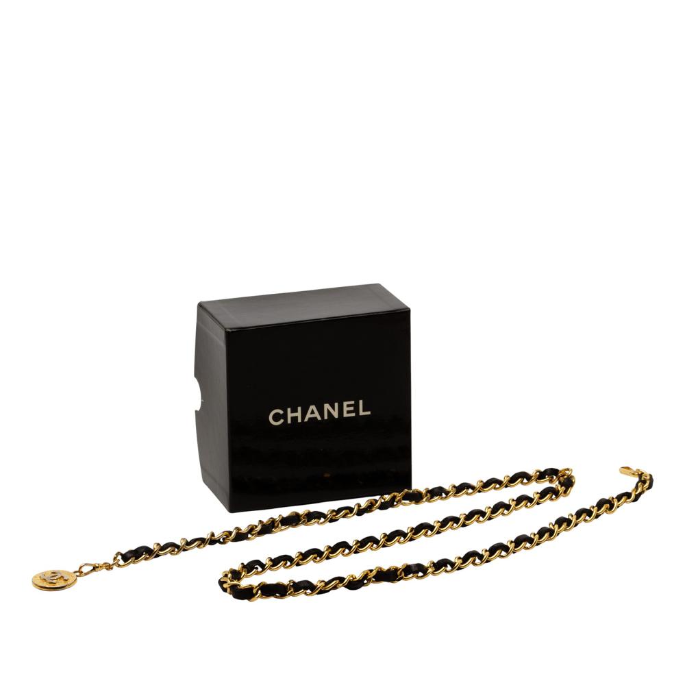 Chanel AB Chanel Gold with Black Gold Plated Metal Leather Woven CC Medallion Chain Belt France