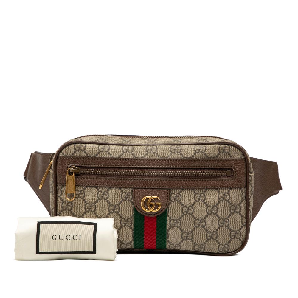 Gucci AB Gucci Brown Beige Coated Canvas Fabric Small GG Supreme Ophidia Belt Bag Italy