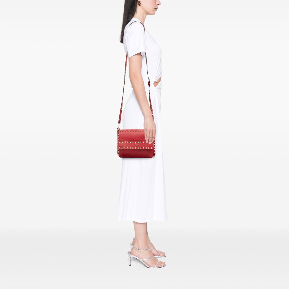 Valentino B Valentino Red Calf Leather Small Grained skin Rockstud Crossbody Italy