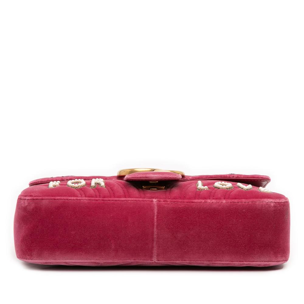 Gucci B Gucci Pink Velvet Fabric Large GG Marmont Matelasse Embroidered Blind For Love Shoulder Bag Italy