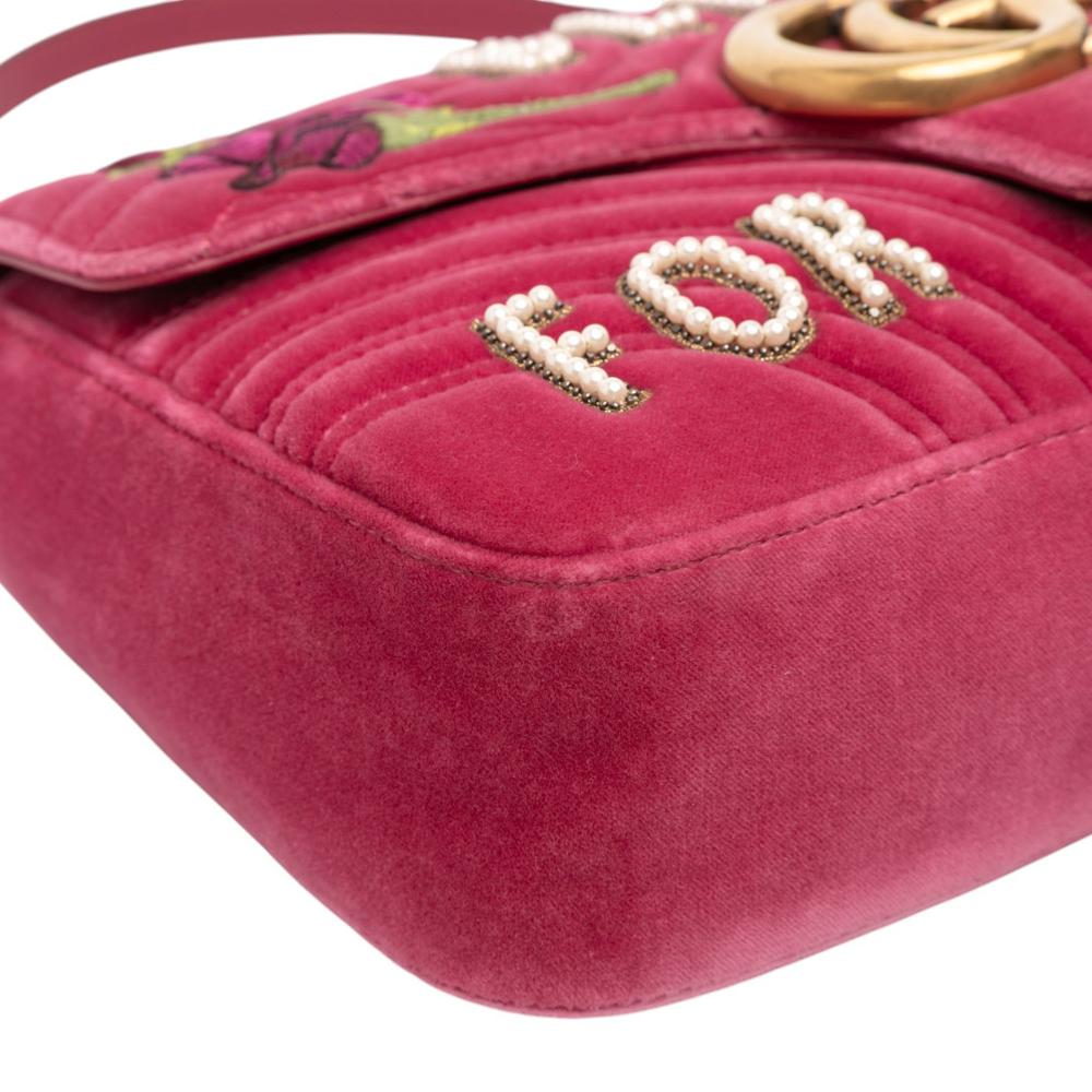 Gucci B Gucci Pink Velvet Fabric Large GG Marmont Matelasse Embroidered Blind For Love Shoulder Bag Italy