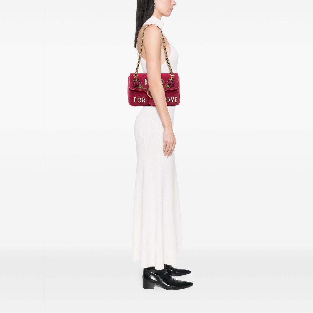 Gucci B Gucci Pink Velvet Fabric Large GG Marmont Matelasse Embroidered Blind For Love Shoulder Bag Italy