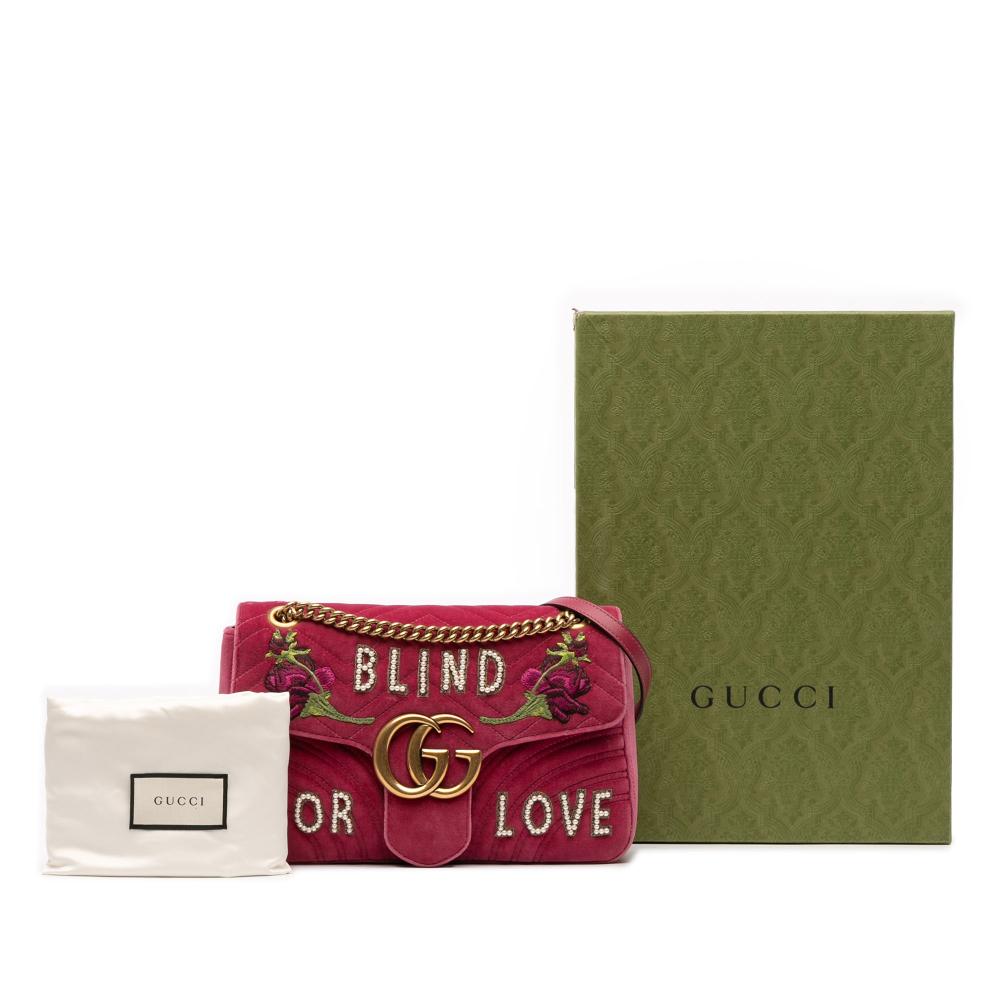 Gucci B Gucci Pink Velvet Fabric Large GG Marmont Matelasse Embroidered Blind For Love Shoulder Bag Italy