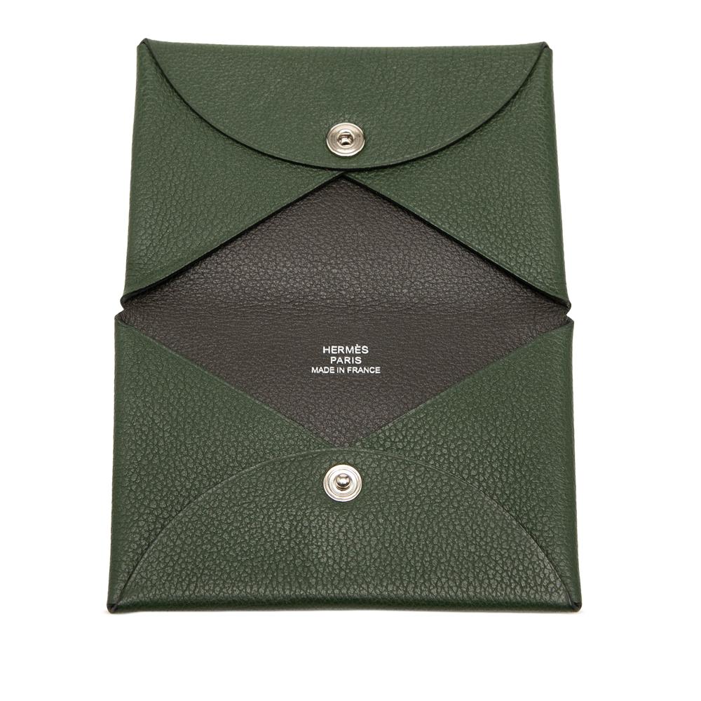 Hermès AB Hermès Green Dark Green with Gray Charcoal Calf Leather Epsom Verso Calvi Card Holder France
